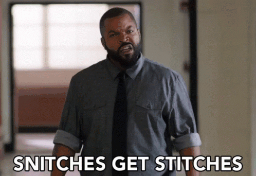 Ice Cube saying "snitches get stitches"